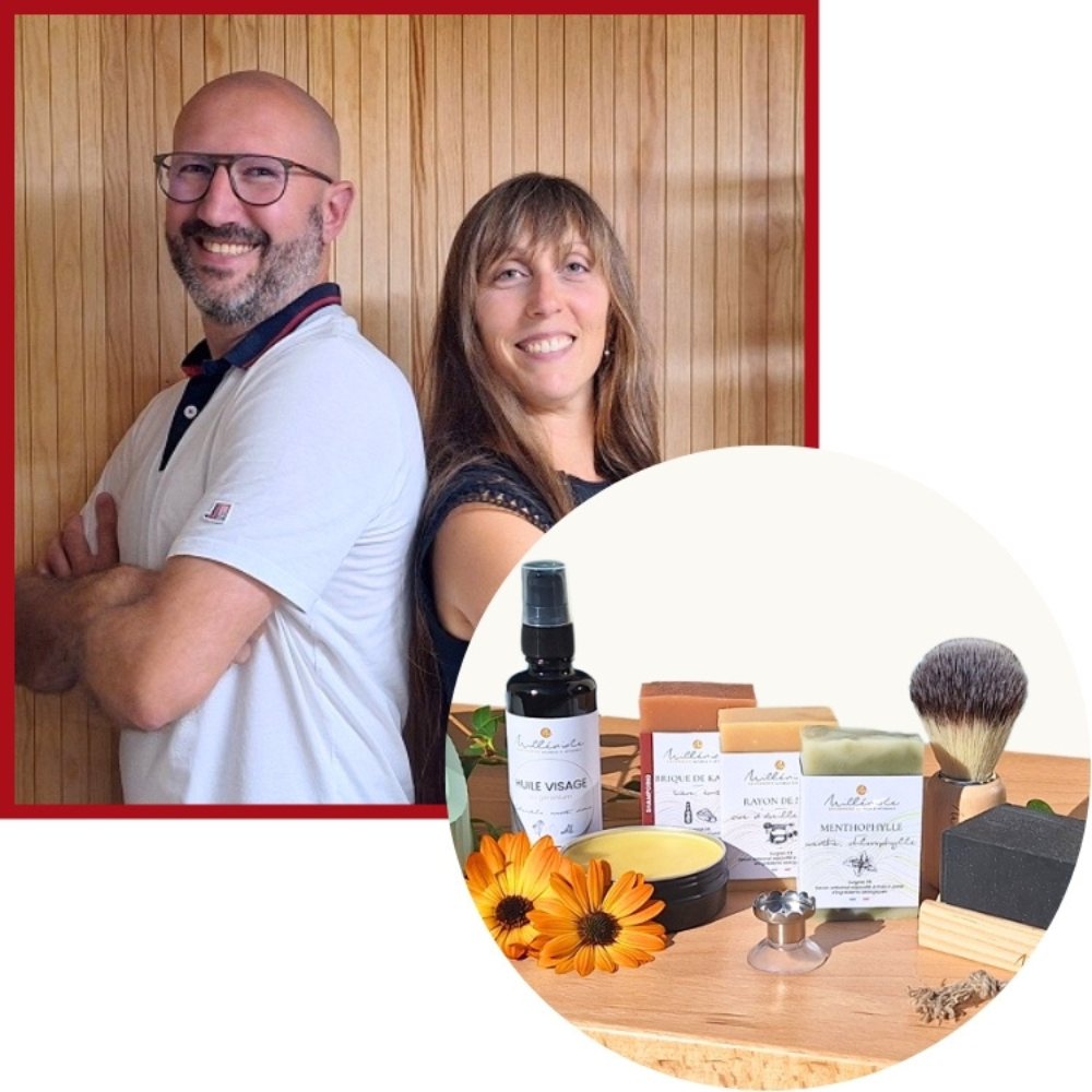 Artisans posants avec leurs produits cosmétiques
